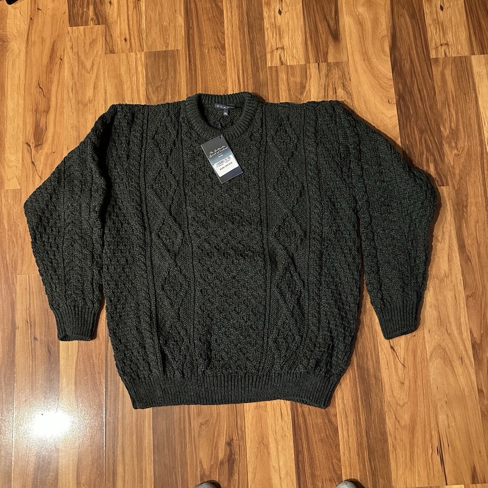 Aran Woolen Mills Green Wool Cable Knit Fisherman Sweater Wool Ireland Men's XL